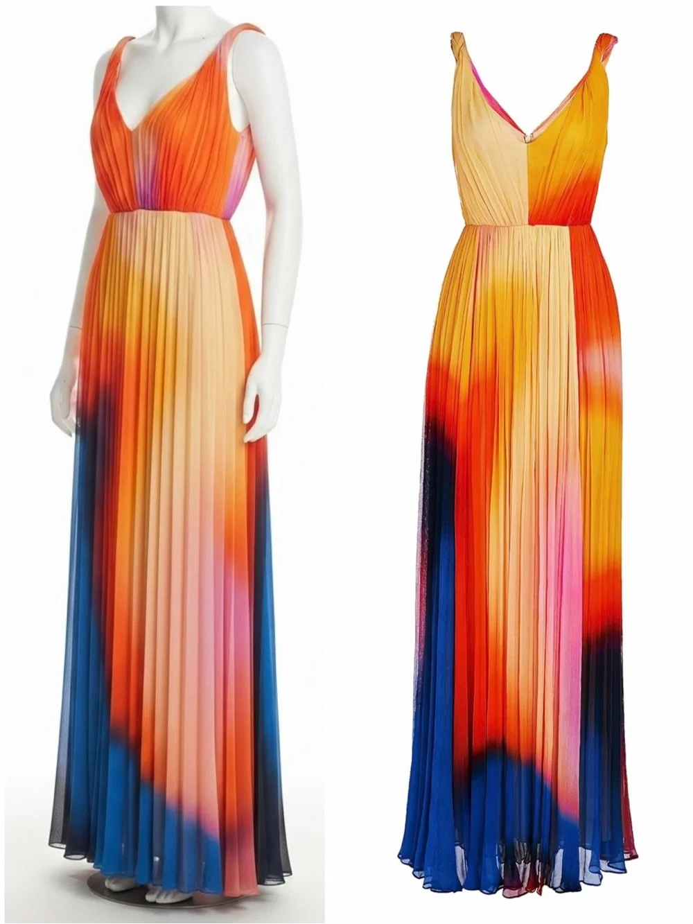 HALSTON Stacia Crinkle Chiffon A-Line Watercolor Ombre Chiffon Maxi Dress